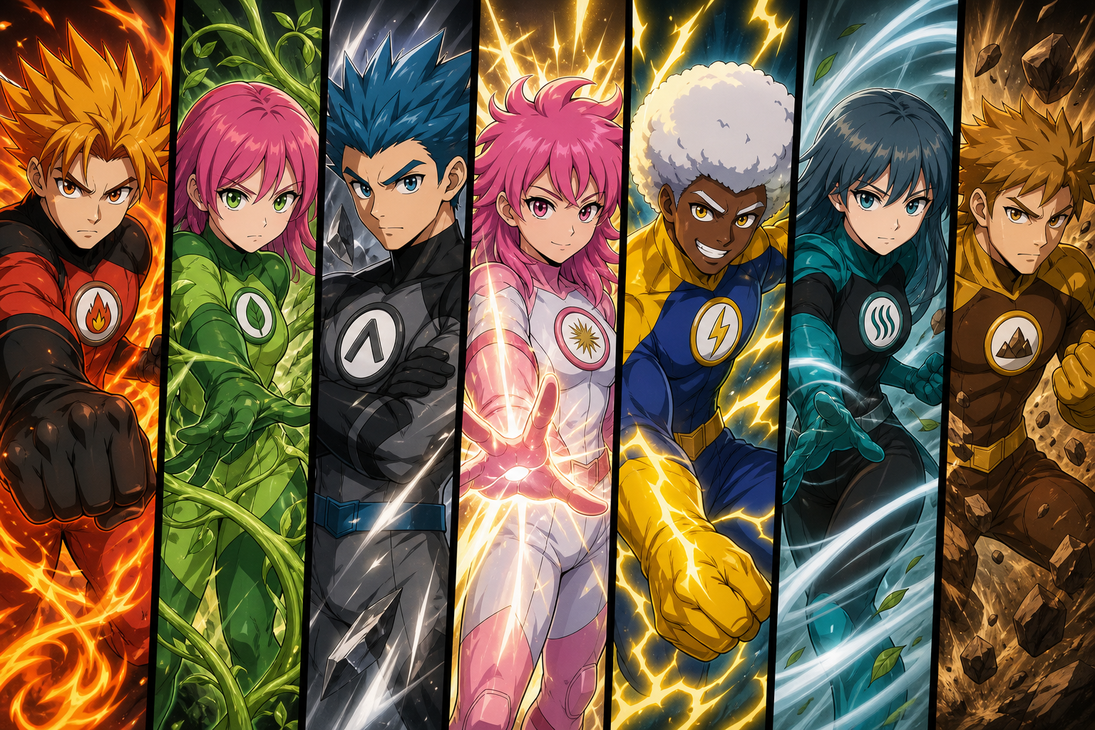 The seven guardians in their elemental forms.