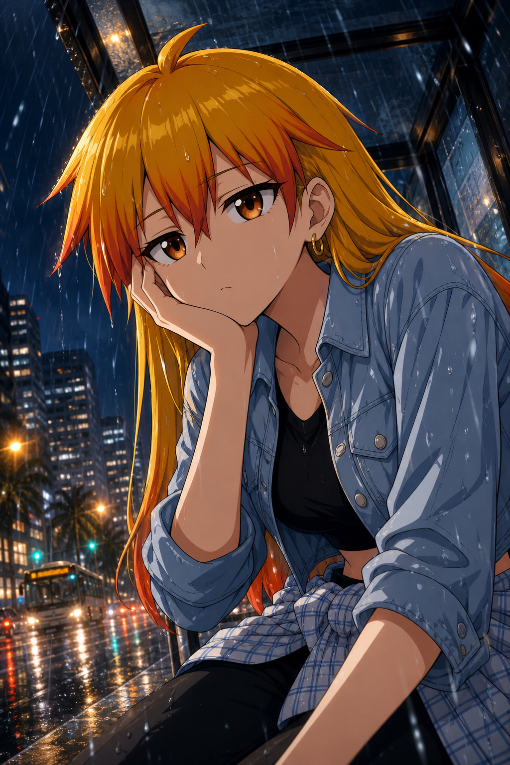 A girl alone in the rainy city at night.