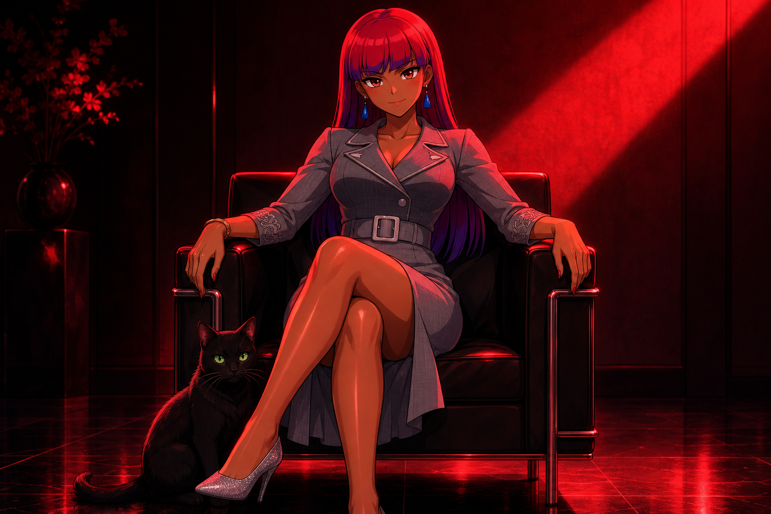 A figure waiting in a red-lit room with a black cat.