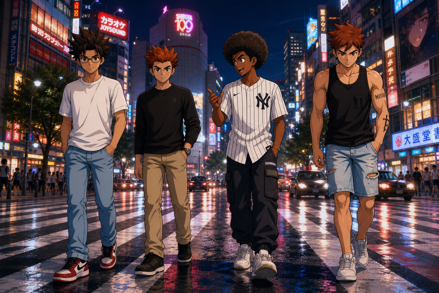 The crew on a neon city crosswalk.