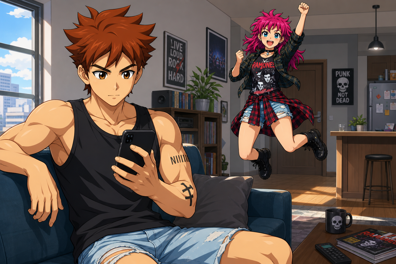 A boy on the couch, a punk girl mid-jump.